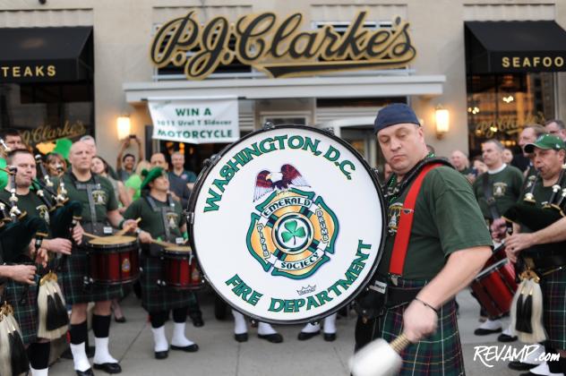 A live 'Pipes and Drums' band circulated amidst P.J. Clarke's public upper and private lower levels to get revelers in the proper "green" mood.